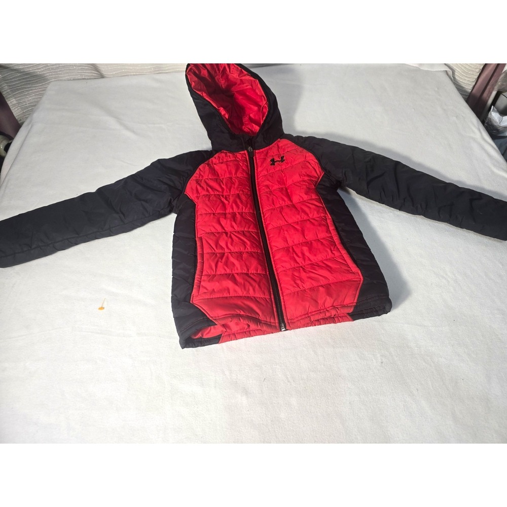 Under Armour Kids Hooded Puffer Jacket Red/Black Full Zip Insulated Sz 7